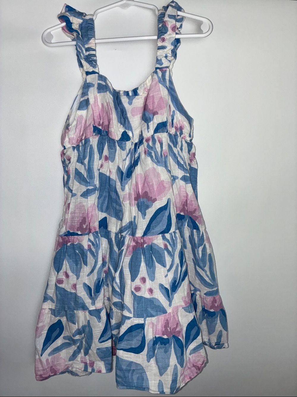 Sfera Girls' Ruffled Strap Floral Sundress in White, Blue & Pink